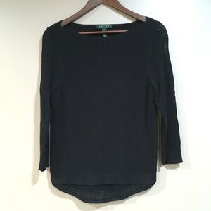 LRL Ralph Lauren Boatneck Sweater Crochet Lace Sleeve Womens M Whimsigoth Witchy